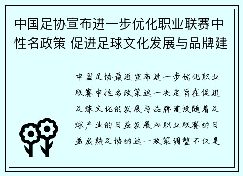 中国足协宣布进一步优化职业联赛中性名政策 促进足球文化发展与品牌建设